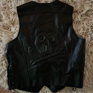 Vintage Black Leather Vest with Embossed Skull & Crossbones